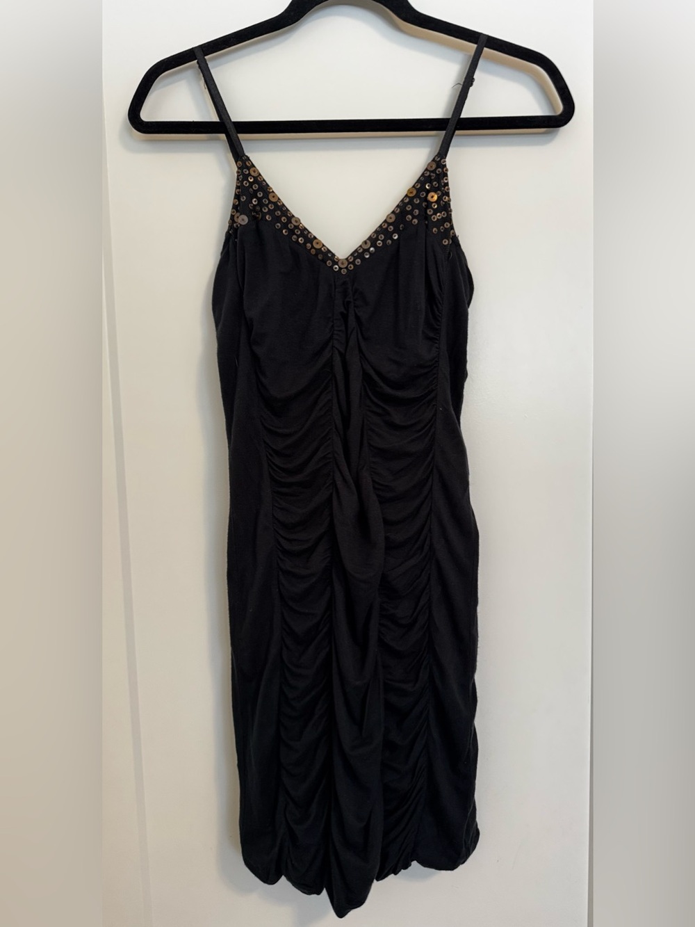 Free People Black Ruched Spaghetti-Strap Dress with Studded V-Neck